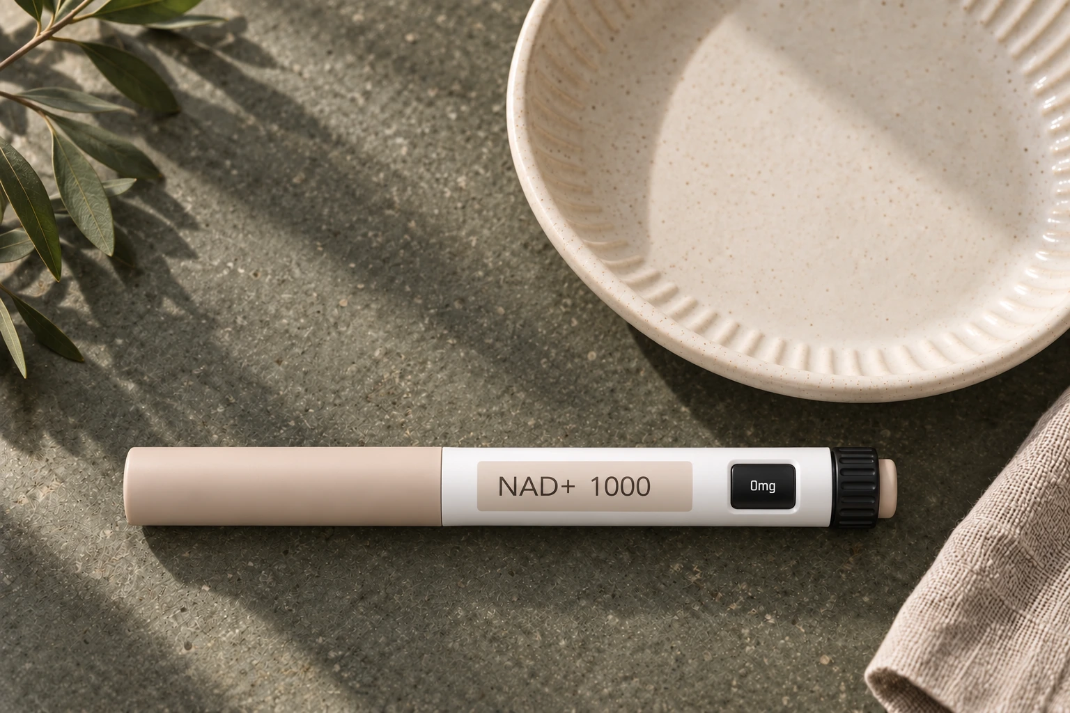 NAD+ 1000 Pen auf grünem Stein neben einem hellen Teller