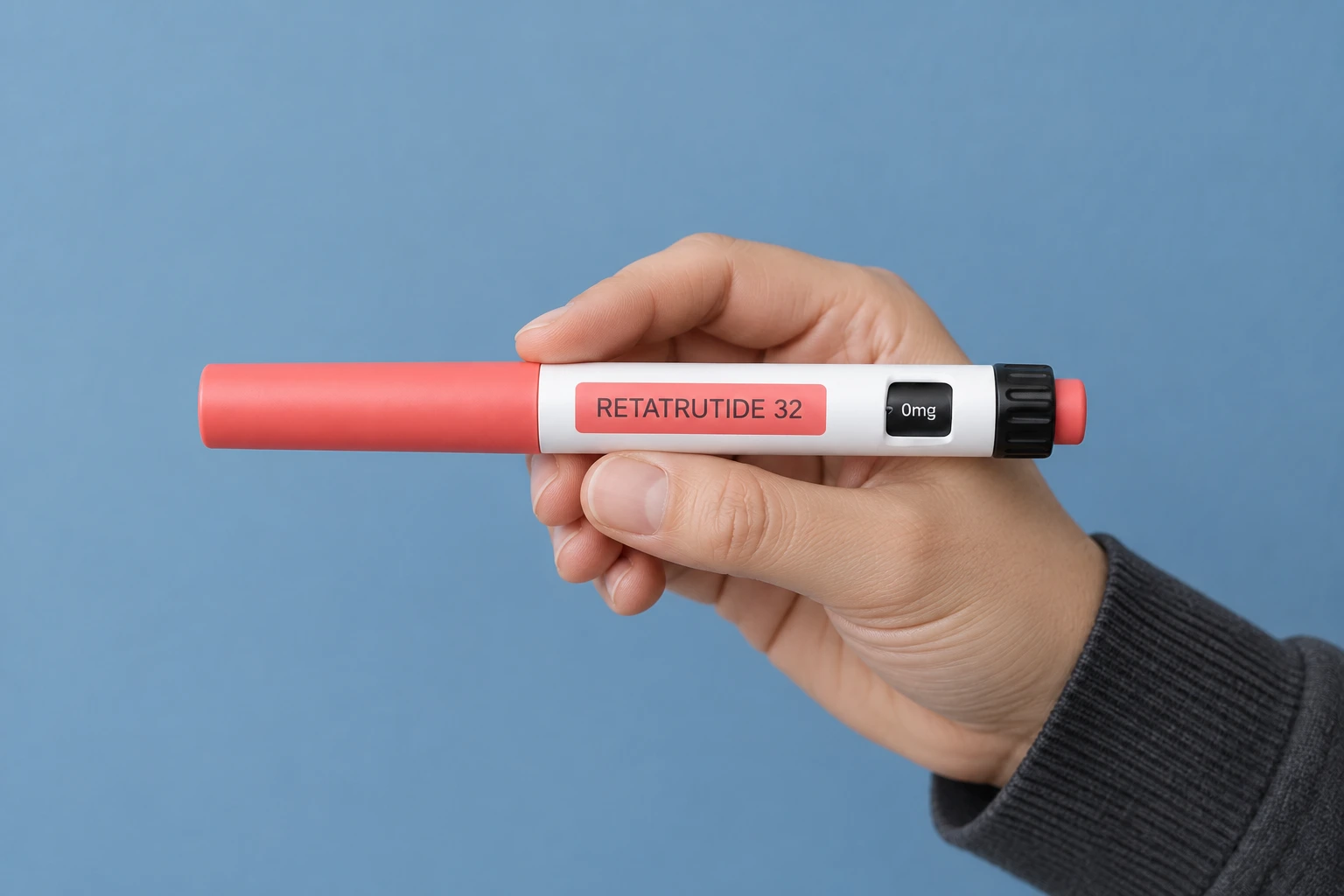 A hand holding a closed Retatrutide 32 pen against a blue background