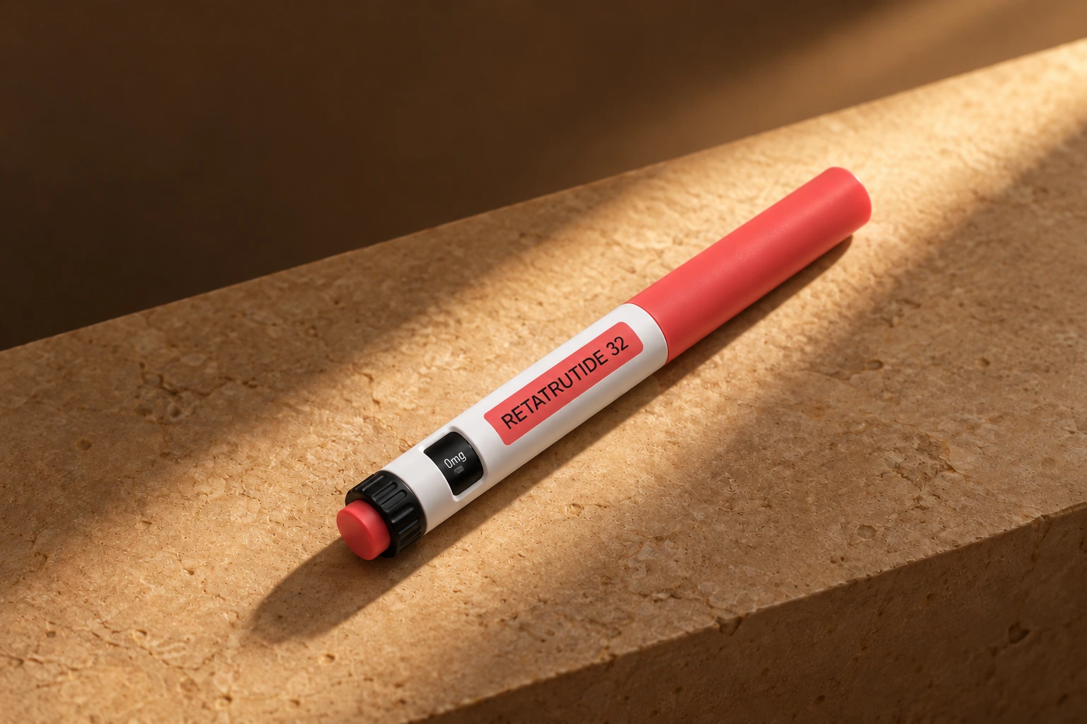 Retatrutide 32 mg pen on a sunlit stone ledge