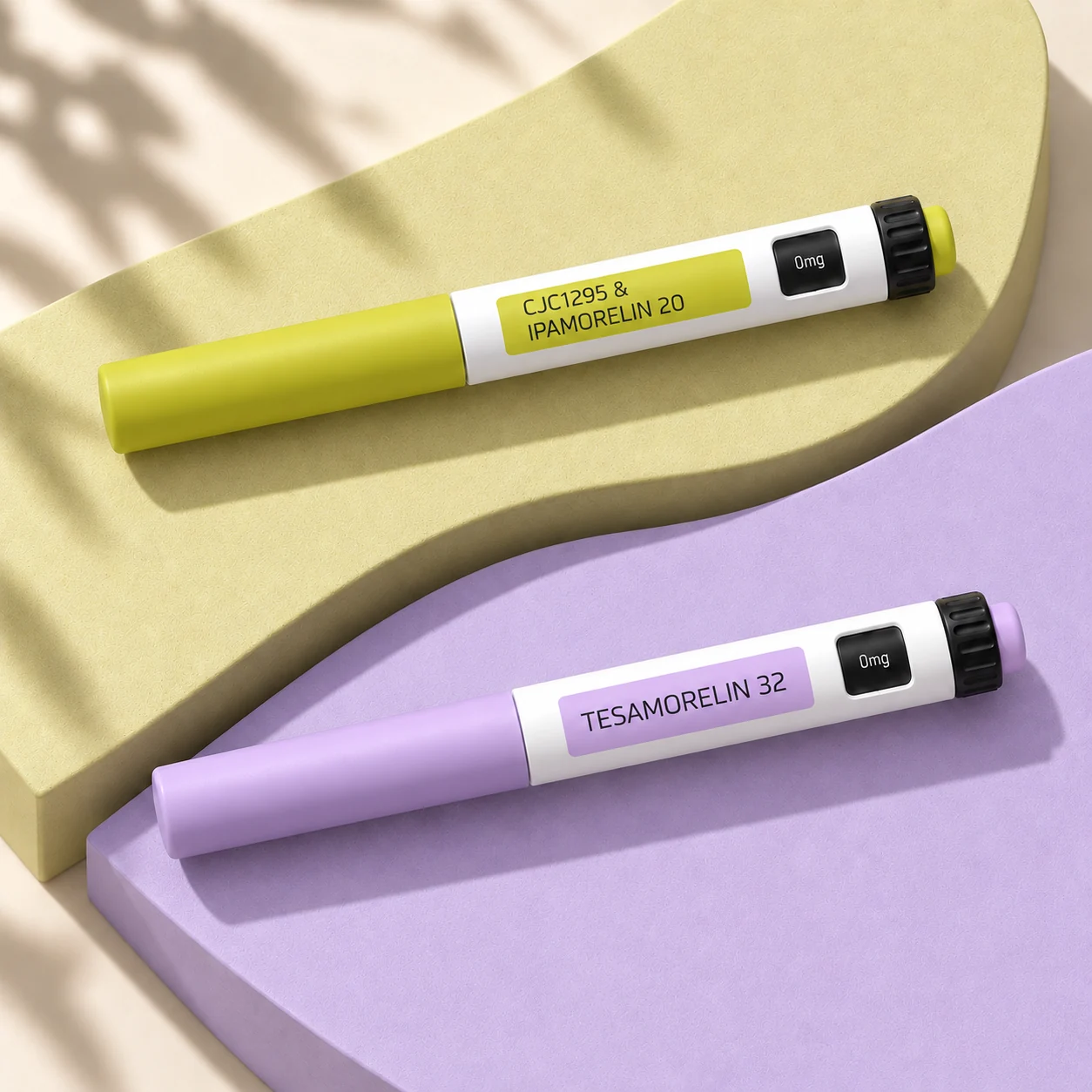 CJC-1295 + Ipamorelin 20 mg and Tesamorelin 32 mg closed pens on chartreuse and lavender planes