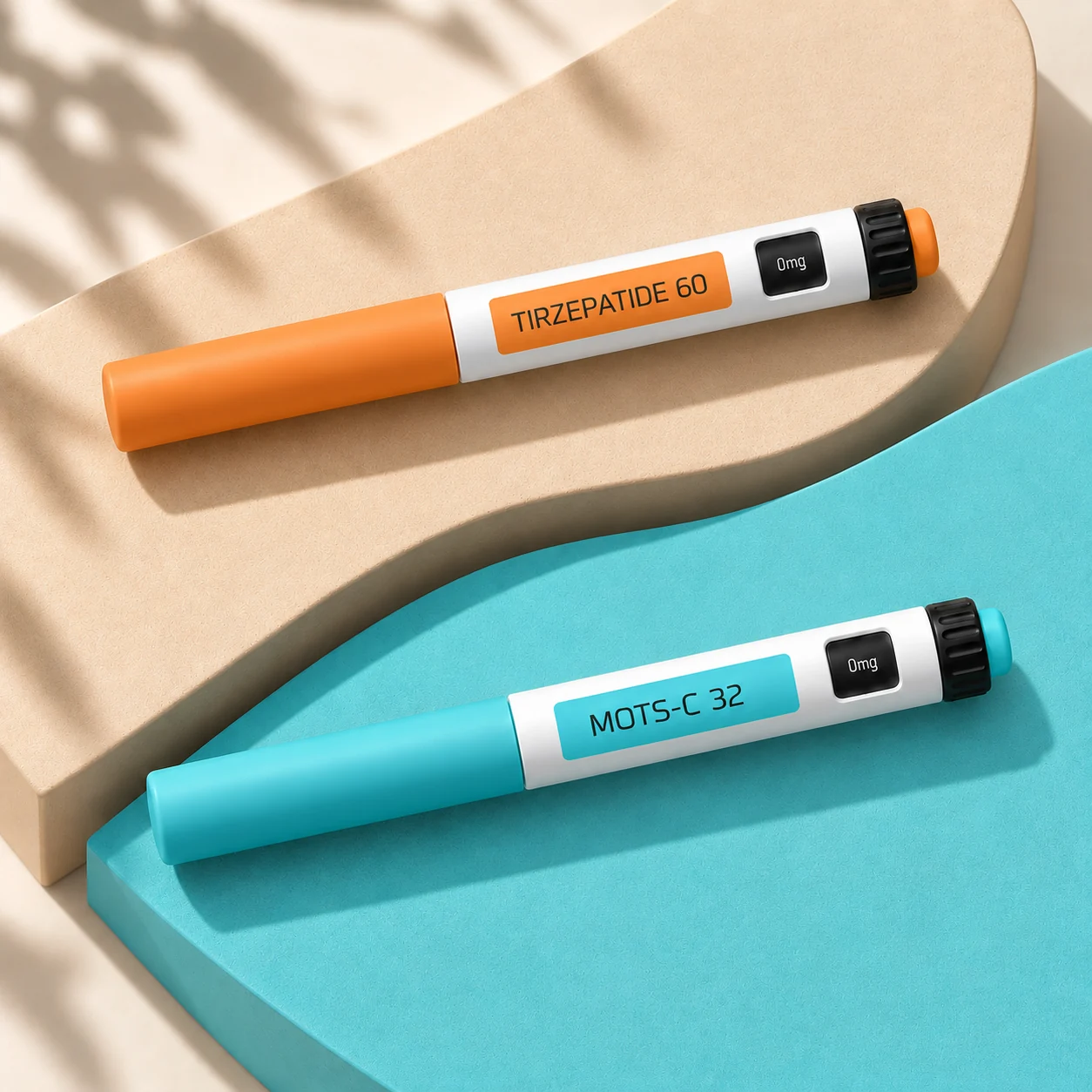 Tirzepatide 60 mg and MOTS-C 32 mg closed pens on apricot and turquoise planes