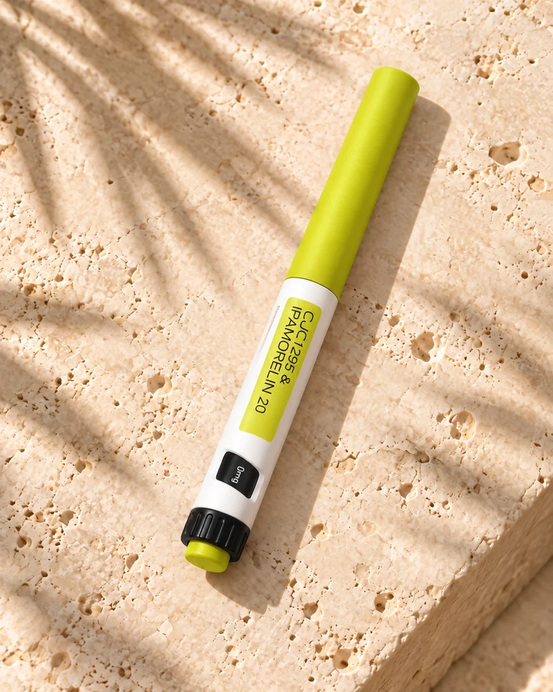 CJC-1295 & Ipamorelin pen on a stone surface